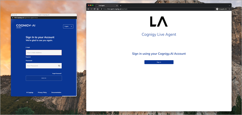 Live Agent OAuth screen and Cognigy Login