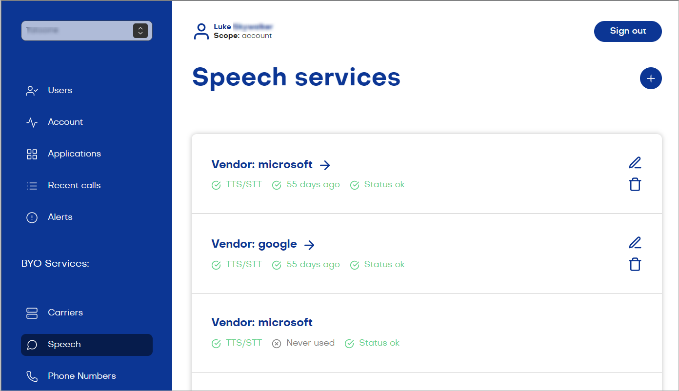 Voice Gateway WebApp Speech Services
